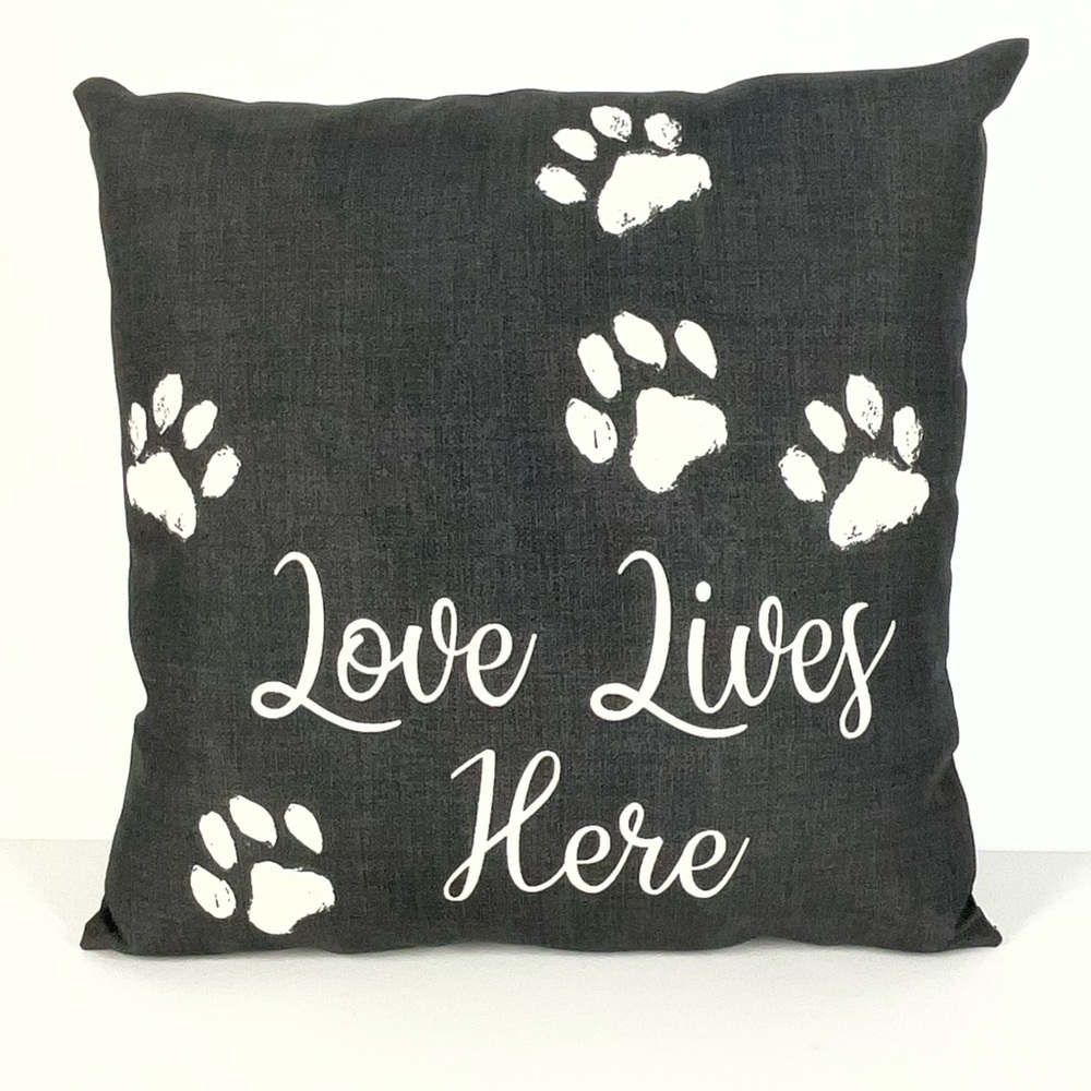 Mainstays Outdoor‎ Black Pillow with White Paw Prints and Text | 16 in. x 16 in.